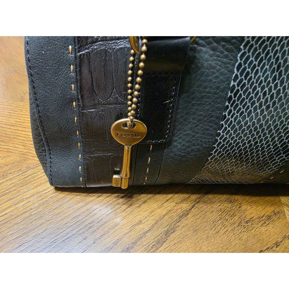 Fossil Black Leather Satchel Handbag Mixed Texture Croc Snake Print Brass Key